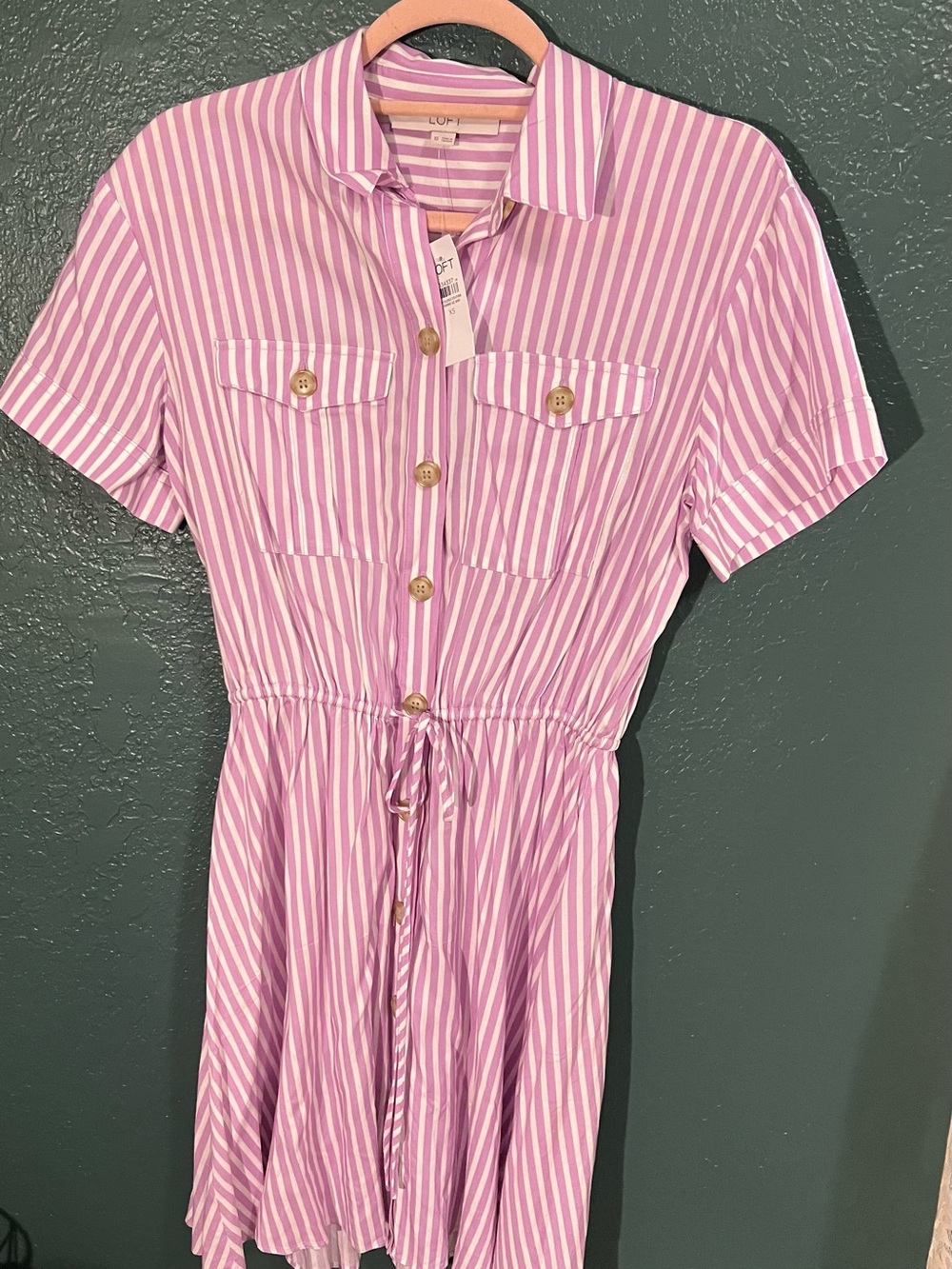 LOFT Pink & White Striped Button Front Tie Waist Shirt Dress XS NWT
